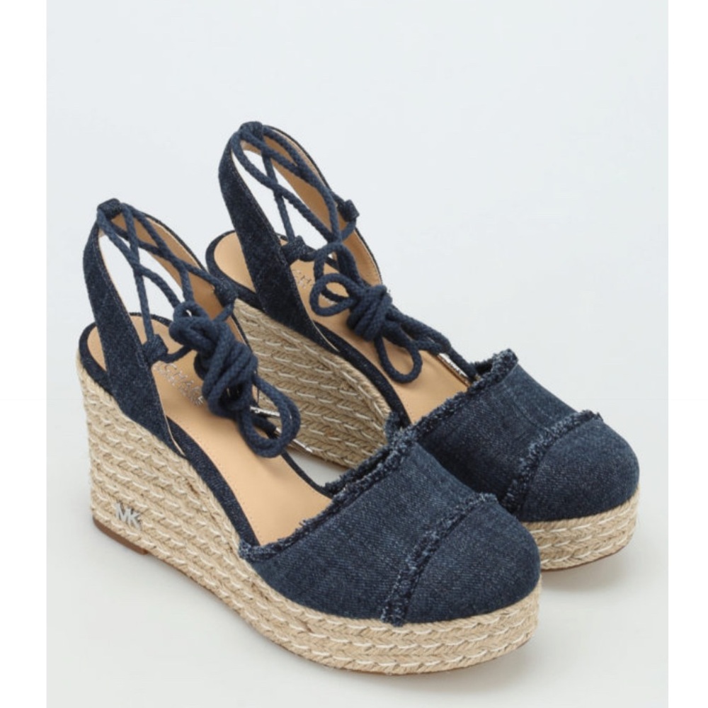 MICHAEL KORS Tibby jute wedge denim sandals sz 8